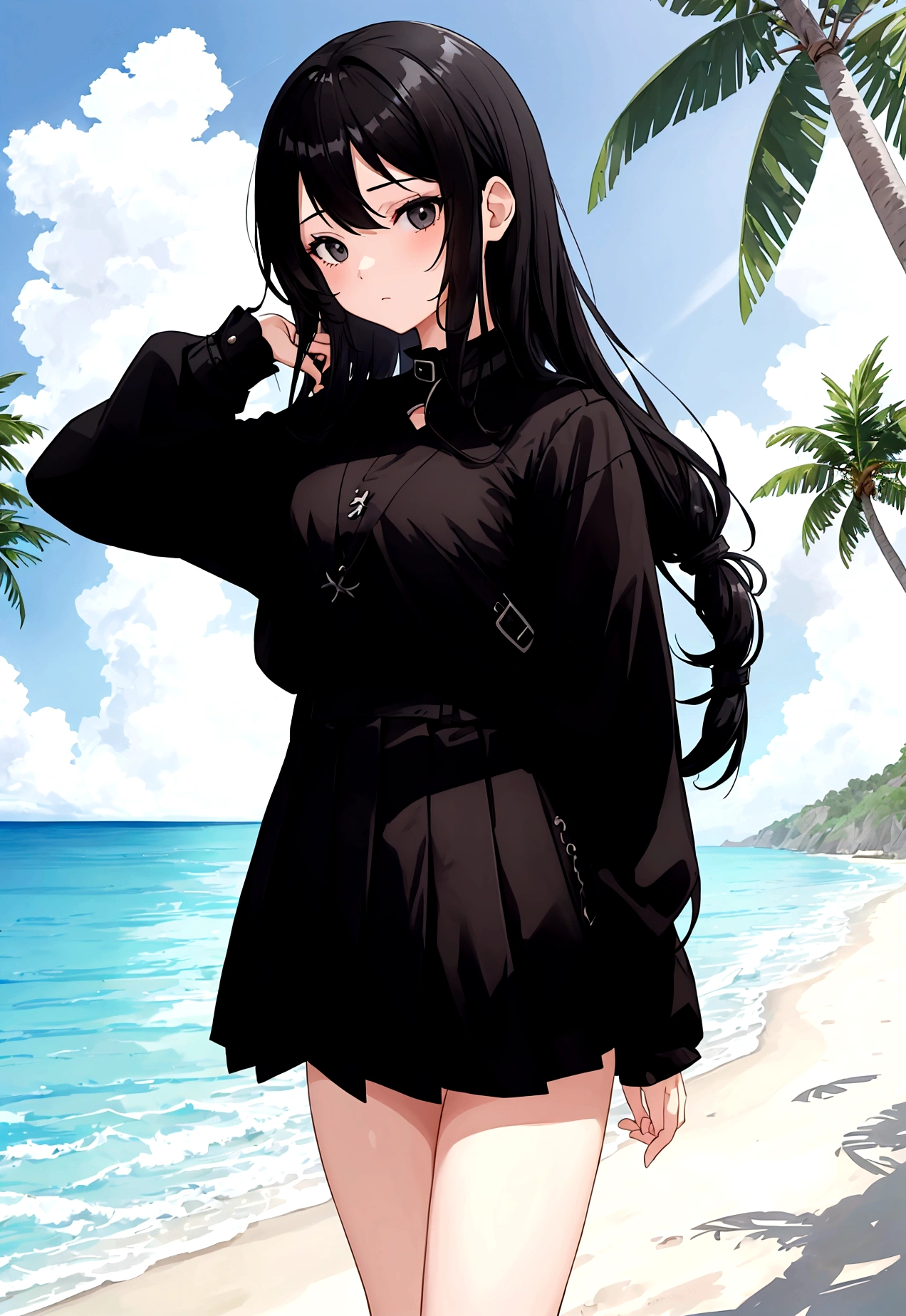 Girl in black skirt,at the seaside,Black long hair girl,National Trend,Beach,Coconut Tree