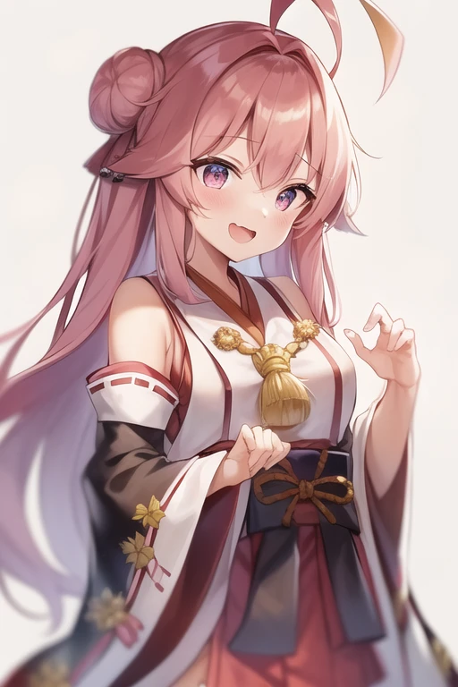 One girl, alone, Long Hair, King Kongu (Kantai Collection),Sakura Miko, Pink Hair, Double Bang, Purple eyes, Hair Bun, Ahoge, Open your mouth, Non-traditional Shrine Maiden, Removable sleeves, Brown eyes, White Background, headgear, Hair Bunド, smile, Sleeves edged with ribbon, Simple Background, kimono, Ribbon trim, View your viewers, username, Upper Body, Wide sleeves, :d, King Kong