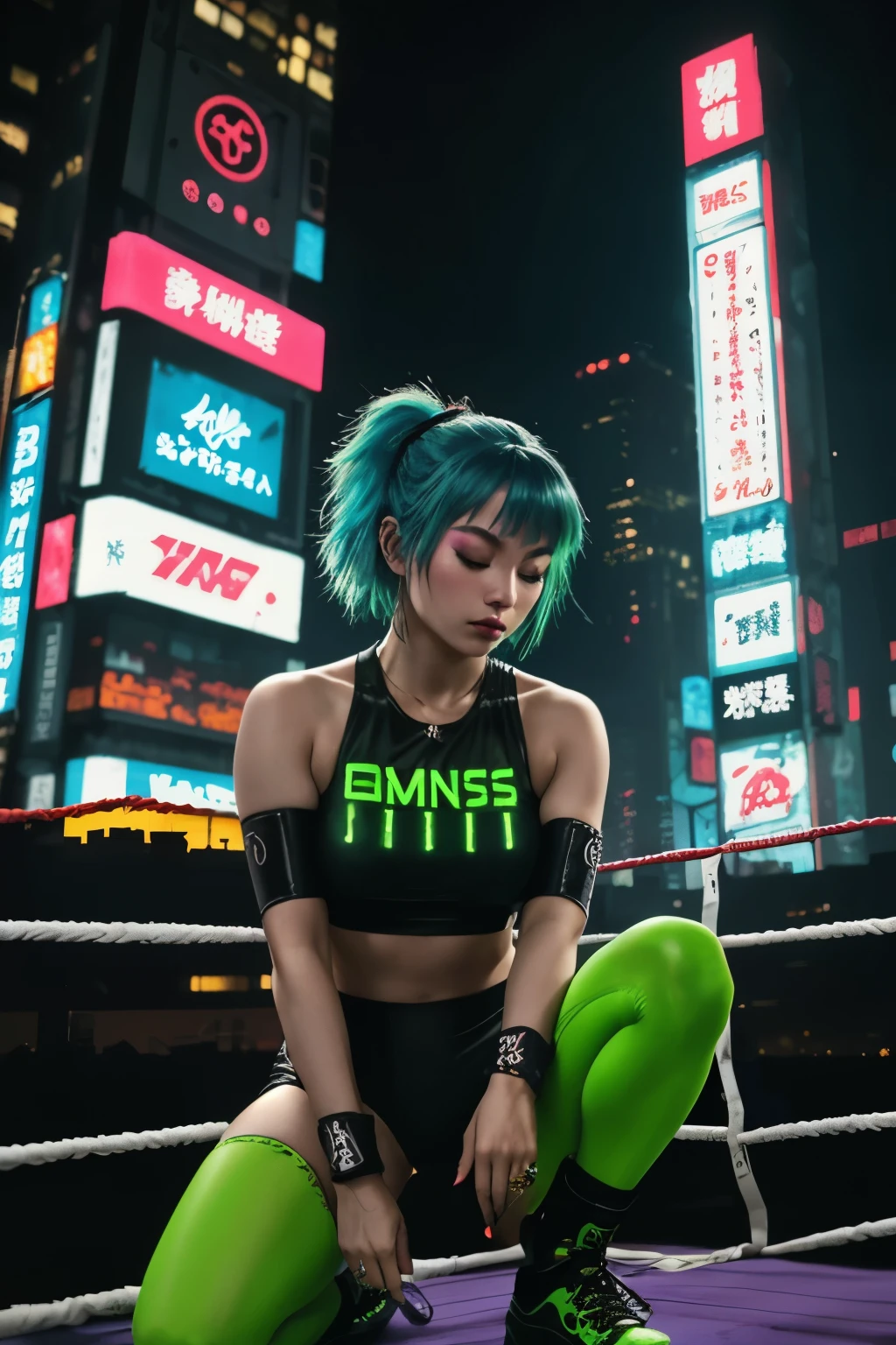 Concept: Asuka, the AIGF Enigma, meditating amidst the neon glow of a cyberpunk cityscape.
Details:
* Wrestler: Asuka (short, blue hair styled in a spiky mullet, piercing green eyes, pale skin with kabuki makeup).
* Attire: Her signature wrestling gear (elaborate green and purple gear with gold accents), but with a high-tech twist. Add glowing circuitry embedded in her outfit, particularly outlining the kanji on her gear.
* Pose: Asuka sits in a meditative pose atop a neon-lit skyscraper, eyes closed and hands resting on her knees.
* Background: A sprawling cyberpunk cityscape at night. Towering buildings are adorned with holographic advertisements and neon signs.
* Visual Style: Blend dark, gritty cyberpunk with Asian-inspired elements.