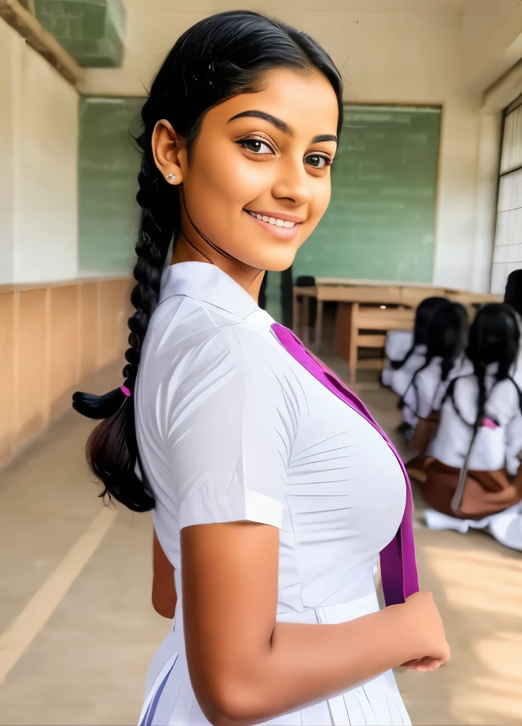 Sri Lankan school frock with pockets, putting hands in pockets pose, green and yellow striped tie, in the class room, short sleeves pleated cotton midi frock, white frock, white shoes, both hands in side pockets pose, Sri Lanka neat college girl, ((playing ,touching ,squeezing ,grabbing )),huge , big breasts , person, from back view, (school uniform, braided hair ), (wide angel ),outside the athletic field, (chubby), photorealistic, detail, skin texture, super detail, delicate and sexy collarbone, smile, super detailed face, detailed lips, detailed eyes, double eye lids