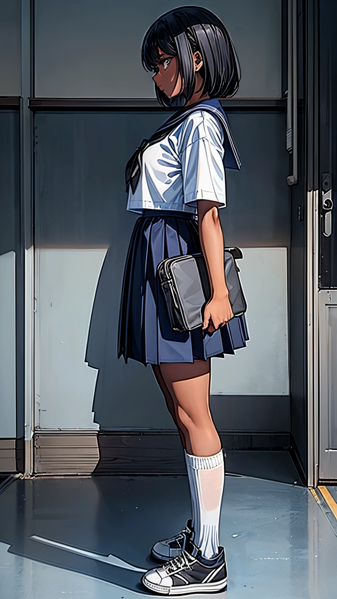 (From above2.0,from side),Inside the school,inside the classroom,One 16 years old girl,sweat,dark skin color,short black hair,displeased,sulky,sailor suit,dark blue color,white shirts,short sleeve,school,dark blue skirt,black skirt,((high socks)),((high socks)),((sneaker)),school bag.