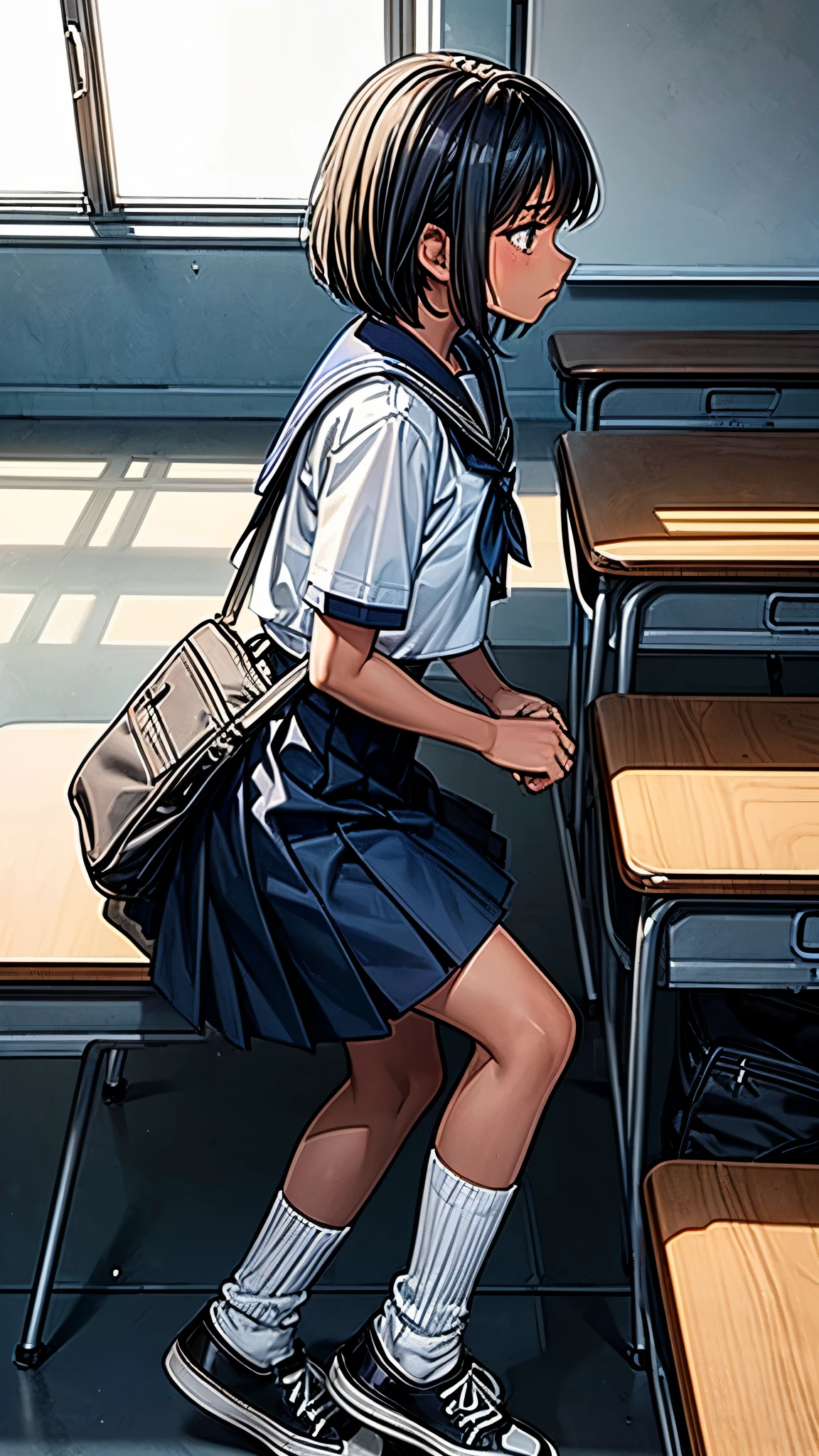 (From above2.0,from side),Inside the school,inside the classroom,One 16 years old girl,sweat,dark skin color,short black hair,displeased,sulky,sailor suit,dark blue color,white shirts,short sleeve,school,dark blue skirt,black skirt,((high socks)),((high socks)),((sneaker)),school bag.