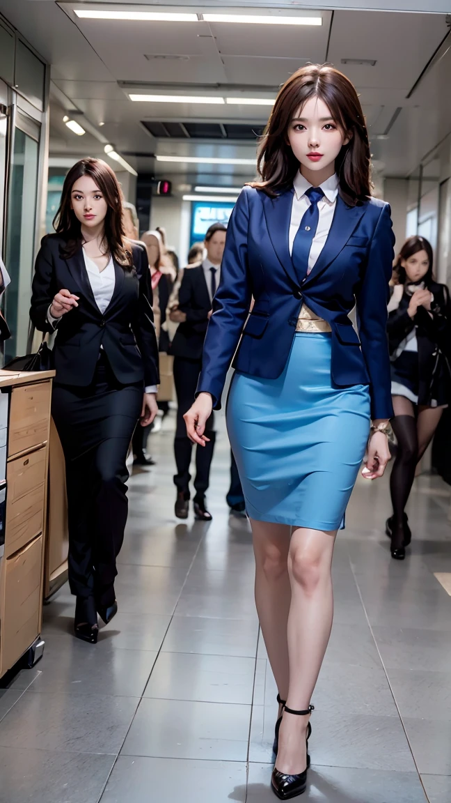 {{mature woman, Caucasian}}, looking at viewer, hazel eyes, very detailed, medium chest, brown hair, airplane, In-flight information, Uniform, Blue Blazer, blue tie, Blue skirt, Medium skirt, pencil skirt, Blue high heels, happy, best quality, high quality, very detailed anime screencap, {{{{crowded, Multiple women, thousands of sisters, millions of sisters,billions of sisters, clone, doppelganger, matching clothes, matching hairstyles}}}}, whole body