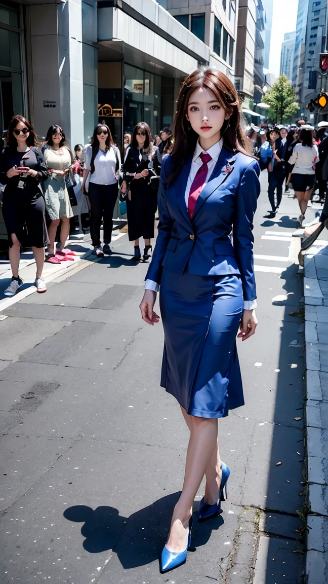 {{mature woman, Caucasian}}, looking at viewer, hazel eyes, very detailed, medium chest, brown hair, airplane, In-flight information, Uniform, Blue Blazer, blue tie, Blue skirt, Medium skirt, pencil skirt, Blue high heels, happy, best quality, high quality, very detailed anime screencap, {{{{crowded, Multiple women, thousands of sisters, millions of sisters,billions of sisters, clone, doppelganger, matching clothes, matching hairstyles}}}}, whole body