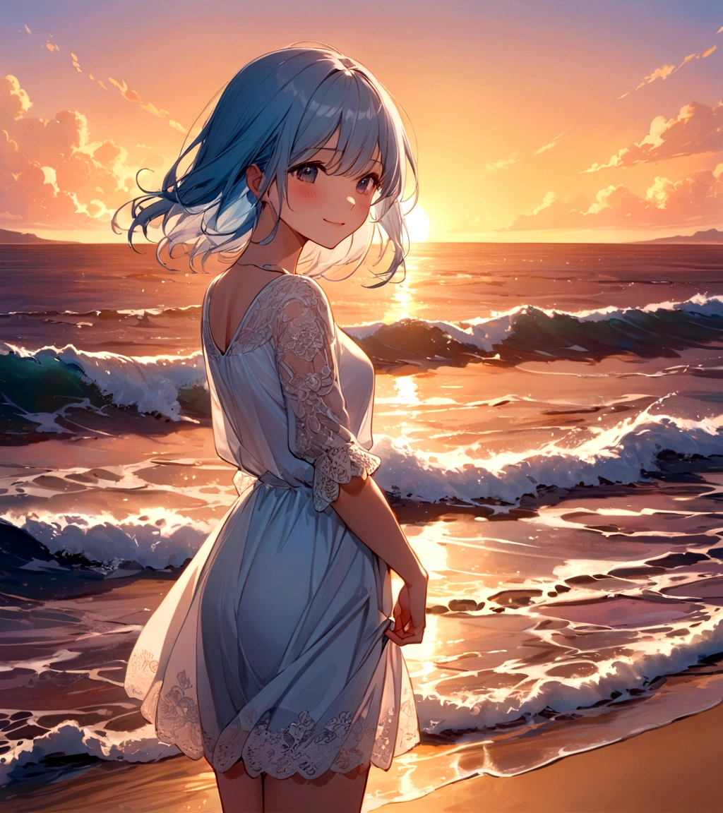 masterpiece, Highest quality, Movie stills, One girl,Standing on the shore of the ocean, close, bright, Happy, Warm and soft lighting, sunset,Light blue hair,Short body,