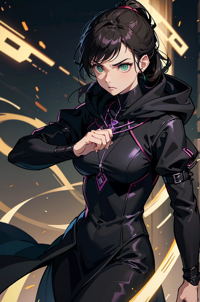 Character Appearance:

"female telepathic assassin with piercing green eyes, dark hair in a ponytail, sleek dark outfit with green accents, and a hooded cloak"
"lean and agile female assassin with intricate dagger and gemstone hilt, dressed in stealthy dark attire"
Abilities and Actions:

"telepathic female assassin using mind reading and telepathic communication, glowing pendant"
"female assassin creating illusions and manipulating minds, intense focused expression"
Setting and Atmosphere:

"telepathic assassin in a shadowy urban nightscape, ready for stealth mission"
"female assassin extracting secrets in a dark alley, glowing bracelet"
Poses and Movements:

"agile female assassin in defensive stance, telepathically communicating with allies"
"focused telepathic assassin ready for action, intense gaze and flowing cloak"