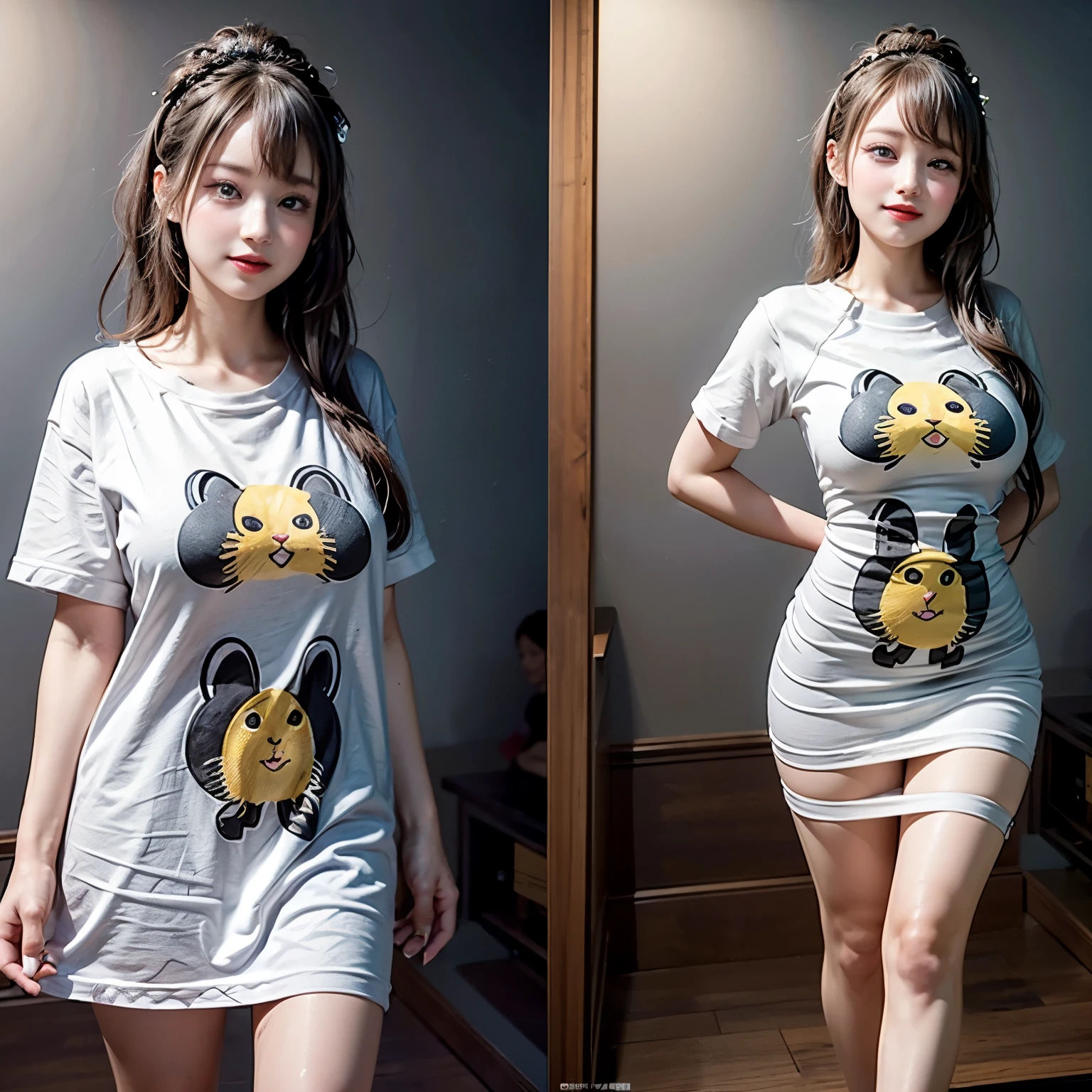 White and Bright Red, (Masterpiece 8K TopQuality:1.2) (ProfessionalPhoto:1.37) ExtremelyDetailed (((FullBody, KAWAII girl with HUGE boobs:1.37)) in (WHITE cotton T-shirt dress:1.28) with (Life-Size her face printed on it:1.37)) detailed (Delicate cotton textures) Sexy PUNIPUNI BODY PerfectLighting (((Studio Dark GRAY Background)) with (Overflowing Oodles Dazzling RainbowColor Particles:1.34)) BREAK (((NOGIZAKA FaceVariations))), Extremely Detailed (very KAWAII Face), Childish CaptivatingGaze Stunning ParfectEyes ElaboratePupils with (SparklingHighlights:1.28), DoubleEyelids with (Detailed Voluminous LongEyelashes:0.88), Small GlossyRedLips with BeautifulDetails, CoquettishTongue, PUNIPUNI RosyCheeks, Radiant PearlSkin with Transparency, Glowing DowneyHair . { (Dynamic Joyful expressions LifeLike Rendering:1.4) | (:d) }, (large eyes:-1) .