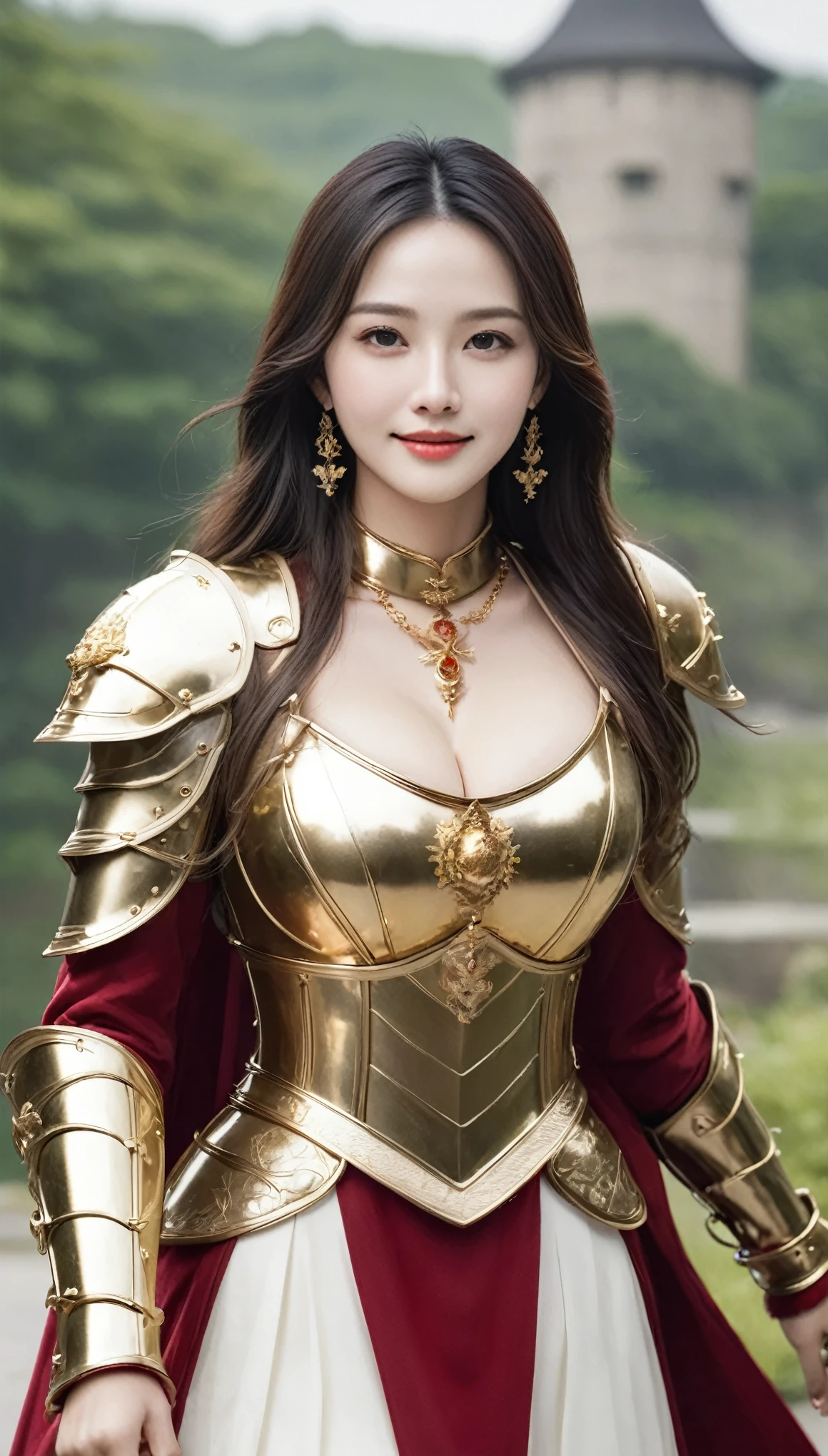 masterpiece,Highest quality,上位のknight,(女性knight_knight:1),(Gold Armor:1.3), (35歳の女性knight:1.3),、Big and ample breasts　Big big cleavage　,Hyper Real,中世ヨーロッパのbattlefieldにいる,Beautiful smile、British women、Delicate skin texture to the smallest detail、Detailed blue eyes　(Very large)、(Beautiful middle-aged woman)、(Fluffy long blonde hair)、Dense and dense skin texture、(((Very large)))、女性knight、(((Big big cleavage)))、Richly decorated golden armor、Golden long boots with flashy decorations、Pure gold and jewellery necklaces and collars、Big gold earrings、Red lips、(((Dressed in gorgeous golden armor)))、Golden Long Globe、((She has a fancy long sword))、The sword is ornately decorated..........................、((The blade is crimson))、(女性knight)、(battlefield)、