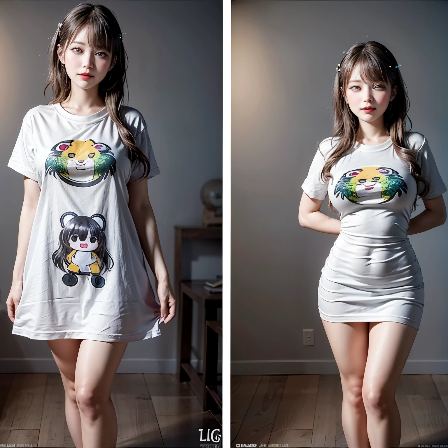 White and Bright Red, (Masterpiece 8K TopQuality:1.2) (ProfessionalPhoto:1.37) ExtremelyDetailed (((FullBody, KAWAII girl with HUGE boobs:1.37)) in (WHITE cotton T-shirt dress:1.28) with (Life-Size her face printed on it:1.37)) detailed (Delicate cotton textures) Sexy PUNIPUNI BODY PerfectLighting (((Studio Dark GRAY Background)) with (Overflowing Oodles  Dazzling RainbowColor Particles:1.34))  BREAK  (((NOGIZAKA FaceVariations))), Extremely Detailed (very KAWAII Face), Childish CaptivatingGaze Stunning ParfectEyes ElaboratePupils with (SparklingHighlights:1.28), DoubleEyelids with (Detailed Voluminous LongEyelashes:0.88), Small GlossyRedLips with BeautifulDetails, CoquettishTongue, PUNIPUNI RosyCheeks, Radiant PearlSkin with Transparency, Glowing DowneyHair . { (Dynamic Joyful expressions LifeLike Rendering:1.4) | (:d) }, (large eyes:-1) . 