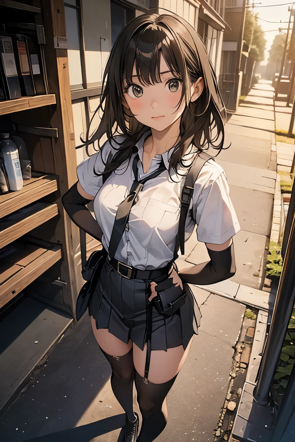 high quality, masterpiece, Ultra-high resolution, (realism: 1.4), Oil painting style, Cinema Lighting, , I stood on the empty asphalt road and looked at it., And the suspenders with the cranes flying　　Large Breasts　 　 　　　　Small face　 　　　holster　　　　　　　 Lying in bed　Looking up　　　　Sweat 　　　belt　summer　脇Sweat 　Black Hole Gloves　suit　　　　 mini skirt　garterbelt　Leg Links　ズボンにbelt　　holster　 　　Hands behind your back　 Anxious expression　Looking up　Anxious face　Knee-high　Knee socks　Knee-highソックス garterbelt　garter　ふとももにgarterbelt