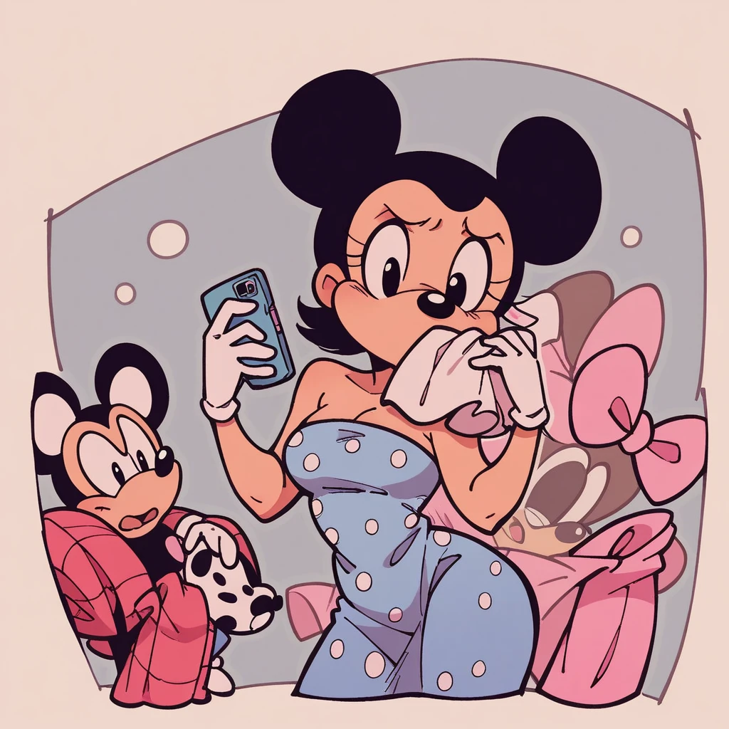 (score_9, score_8_up), Minnie Mouse, wrapped in towel, medium breasts, holding phone