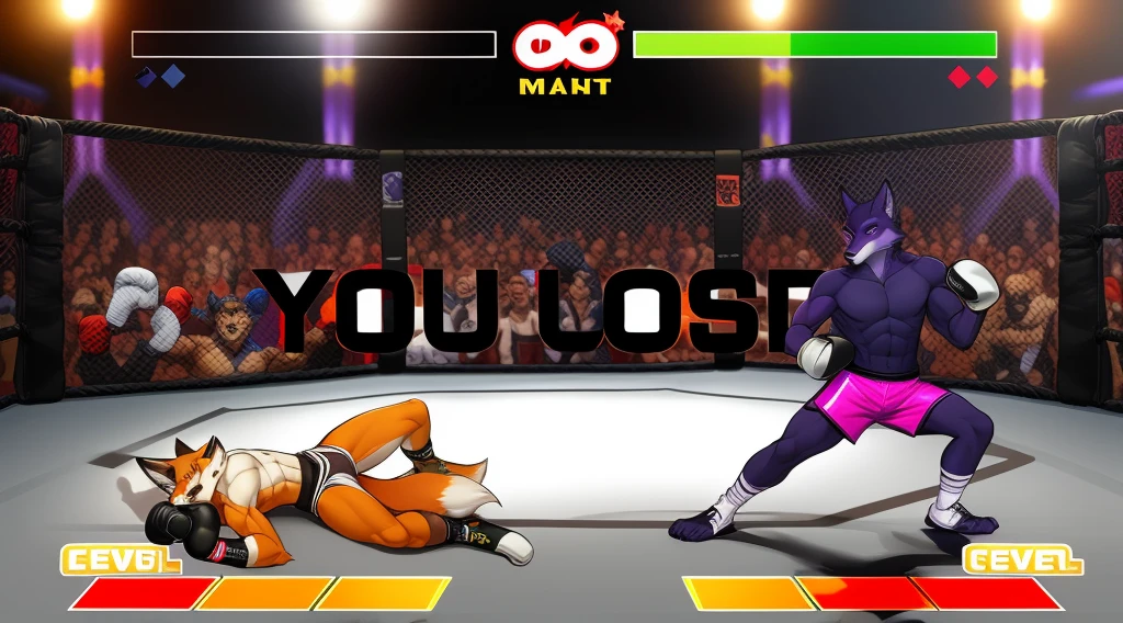 a detailed picture of a boxing match (male anthros, two boy), slim body, slim features, in a boxing ring, Ross Tran, ruan jia, trending on artstation, foxovh,User Interface of Fighting game, Crisis, assorted poses, assorted expression, full body, sound effects, motion blur, from side, ((fox, blue shorts, knocked out on the floor)), (((purple wolf, white shorts, boxing pose))) “VS” 