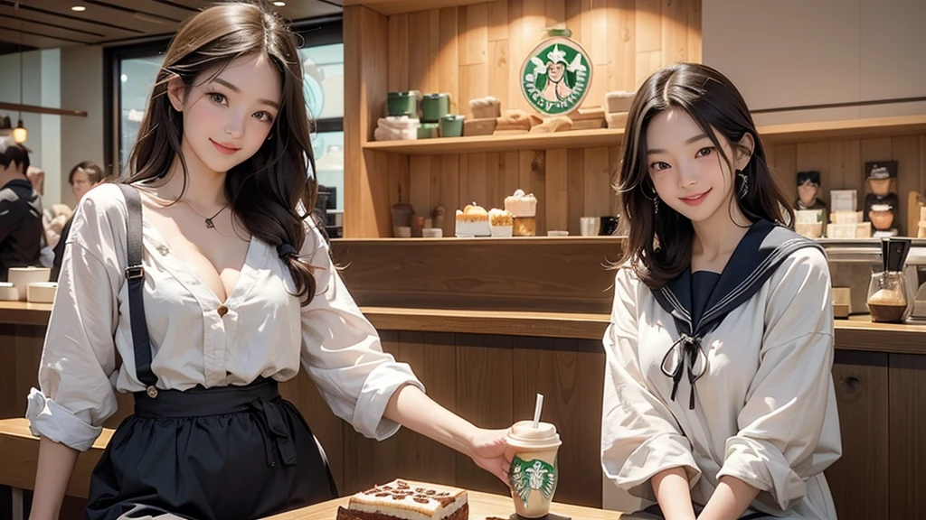 8K、RAW Photos、Highest quality、Super detailed、Super Resolution、Ultra HD、8K壁紙、Amazing details
(((Inside the Starbucks store)))、16 year old school girl in uniform、Eat cake、Drink coffee、smile((Emphasize cleavage))