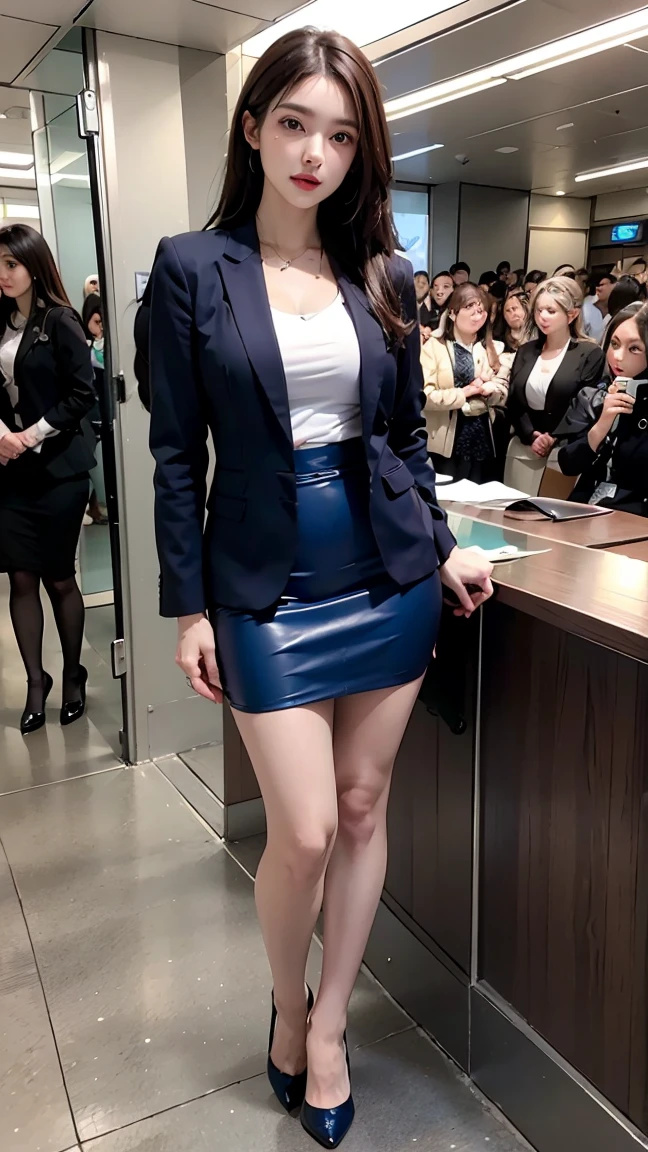 {{mature woman, Caucasian}}, looking at viewer, hazel eyes, very detailed, medium chest, brown hair, airplane, In-flight information, Uniform, Blue Blazer, blue tie, Blue skirt, Medium skirt, pencil skirt, Blue high heels, happy, best quality, high quality, very detailed anime screencap, {{{{crowded, Multiple women, thousands of sisters, millions of sisters,billions of sisters, clone, doppelganger, matching clothes, matching hairstyles}}}}, whole body