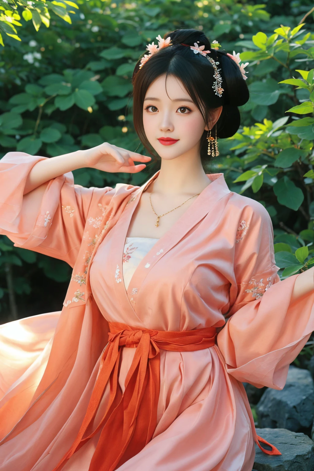 best quality, tmasterpiece,Ultra-high resolution,Clear face,（Reality：1.4），ferpect lighting，(full body photo), (photorealistic:1.50), anime wallpaper, Guviz style artwork, cover-up fantasy up to magic , by Yang J, Guviz, beautiful artwork illustration, beautiful digital artwork, beautiful digital illustration, Li Song, beautiful anime portrait, art style in Beauvot, 1girl, 独奏, yellow eyes, Double eyelids, Blush, Cheeks flushed, 24yo chinese female,
Hanfu-song, Hanfu, song theme, chinese clothes, multicolored dress, 
jewelry, flower earrings, hair ornament, necklace, hair flower, 
long hair, single hair bun, updo, hair up, 
looking at viewer, light smile, full body, sitting on rock, adjusting hair, 
flower, photo background, outdoors, butterfly, tree, peach blossom, wind, falling petals, 
 