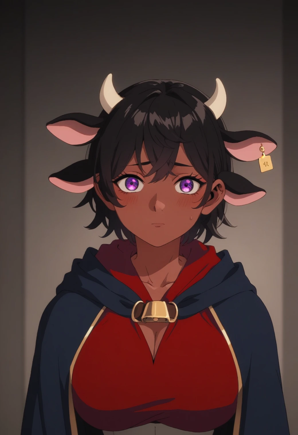 source_anime, score_9, score_8_up, score_7_up, rating_excplicit, 1girl, solo, dark skin, looking at viewer, dark-skinned female, male focus,large breasts, bangs, cloak, hood, upper body, robe, androgynous, hood down, cow ears, cow girl, shy, large bust 