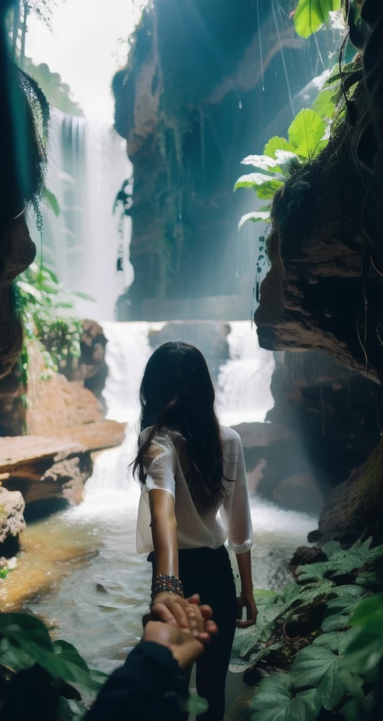 bf_holding_hands,  walking in waterfall in dense jungle, rainbow, 
detailed,8k, detailed shadow, 1girl, Omertosa, long hair, black hair, see through, white oversized shirt, bottomless, jewelry ,(masterpiece,best quality),
