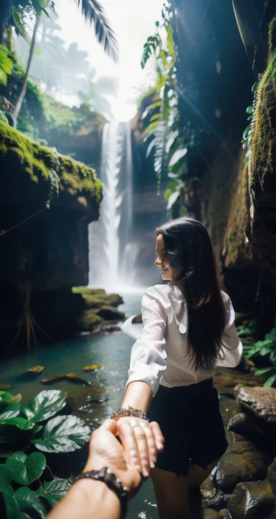 bf_holding_hands,  walking in waterfall in dense jungle, rainbow, 
detailed,8k, detailed shadow, 1girl, Omertosa, long hair, black hair, see through, white oversized shirt, bottomless, jewelry ,(masterpiece,best quality),
