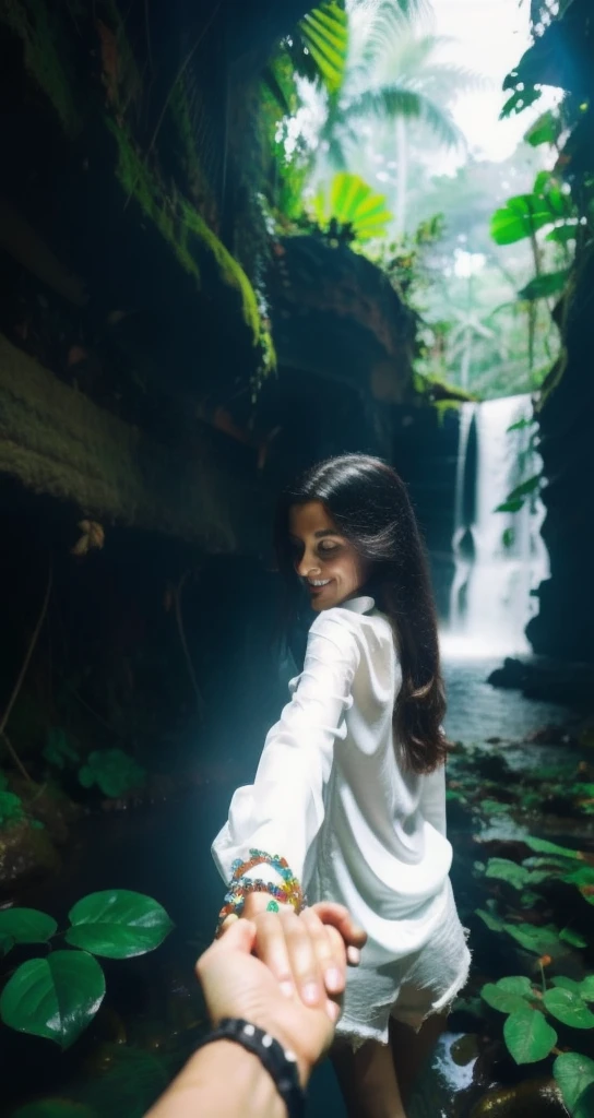 bf_holding_hands, walking in waterfall in dense jungle, rainbow,
detailed,8k, detailed shadow, 1girl, Omertosa, long hair, black hair, see through, white oversized shirt, bottomless, jewelry ,(masterpiece,best quality),