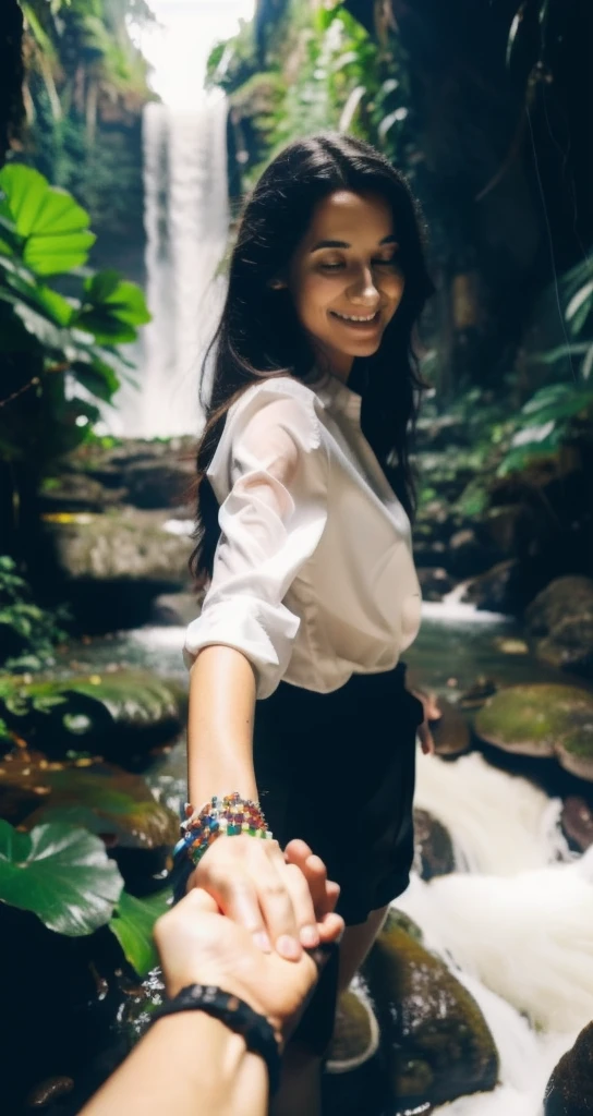 bf_holding_hands, walking in waterfall in dense jungle, rainbow,
detailed,8k, detailed shadow, 1girl, Omertosa, long hair, black hair, see through, white oversized shirt, bottomless, jewelry ,(masterpiece,best quality),