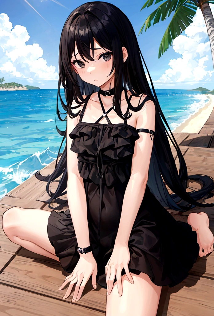 Girl in black swimsuit，at the seaside，Sitting on a swimming ring，Black long hair girl，National Trend，Beach，Coconut Tree，whole body，Vision
