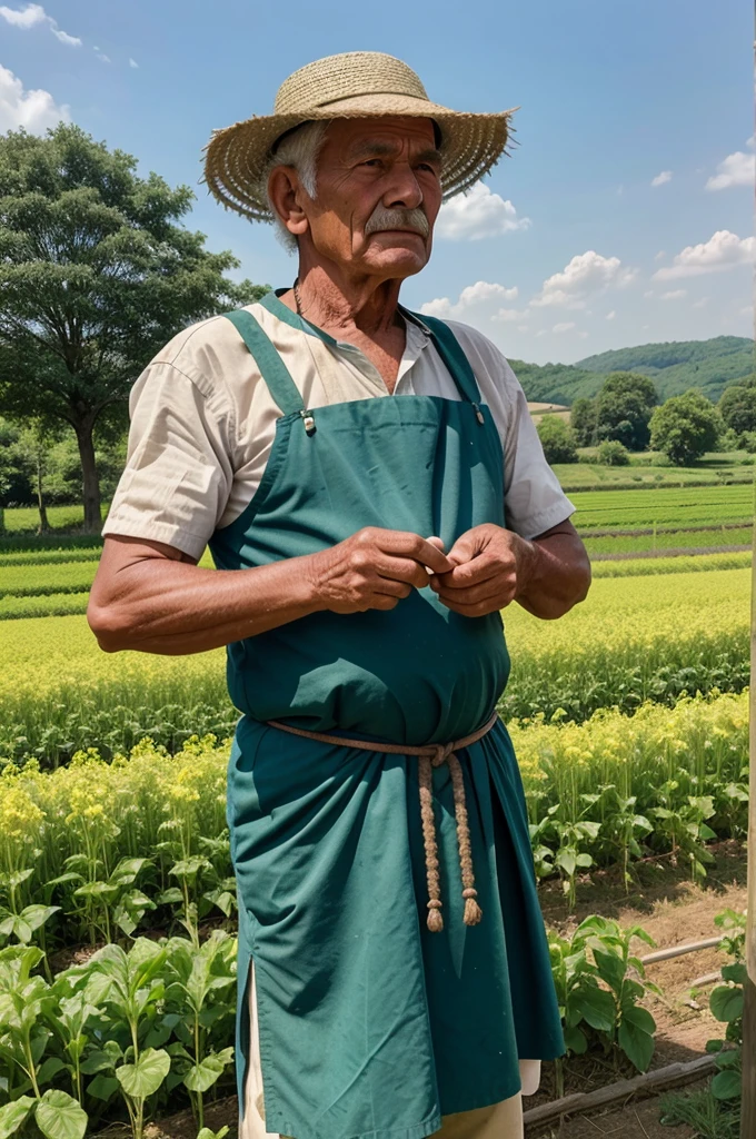 - "An elderly farmer working diligently in a small field, wearing traditional village attire, with green crops around him under a clear blue sky."