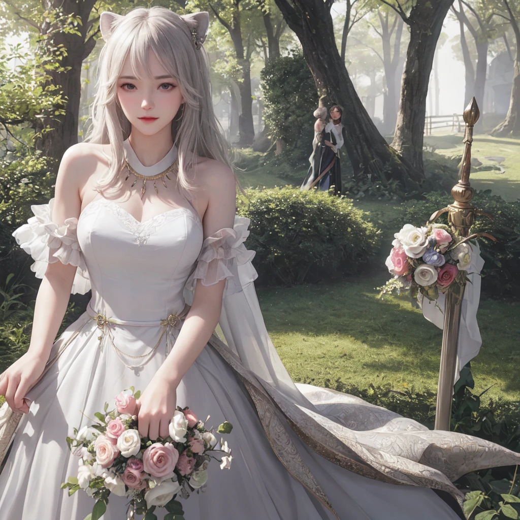 (best quality), masterpiece, Extremely detailed CG8K painting, high color, Extremely high color saturation, All colors are deepened, central composition, Extremely detailed light and shadow, The face and eyes are very detailed, medium length hair, sportswear, colorful clouds,beautiful nature,landscape,Wear a wedding dress,wedding clothes,1 girl