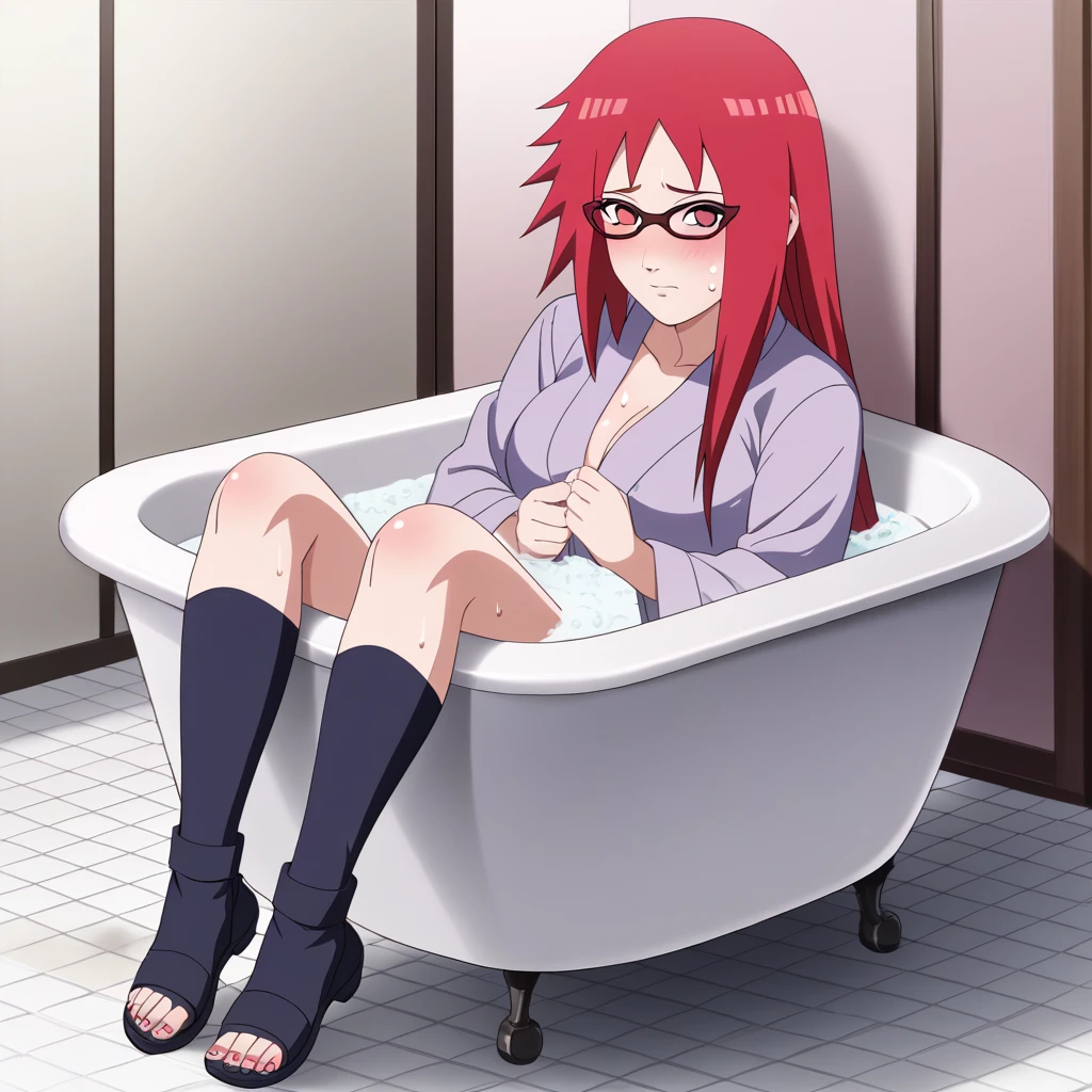 Red hair, 1 Girl, Glasses, Long hair, Red Eyes, Solitary,  Umbilical cord, Looking at the audience,  No students, sit,Keep your legs together, zipper,Closed-toe shoes, Japanese cartoons screencap, Japanese cartoons coloring,src_Japanese cartoons,Naruto \(series\), Naruto shippuuden,（（blush，nervous，Vision，））masterpiece， absurd ， （Intricate details）， （Colorful）， light， Extremely detailed CG unity 8k wallpaper ，1 Girl， solo，（sit在浴缸里，优雅的sit着，Bathrobe，Keep your clothes conservative，bubble bath，Soaked in water，shy，Medium chest， ），sweat，blush，blush1.5，Blush，Big breasts，Lace dress，bathroom，night，（（Lace dress，Black stockings，big bathtub，））