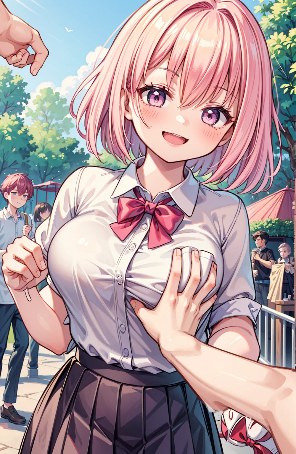masterpiece, Highest quality, High resolution,(throw_hand grabbing chest),,One girl, One boy,Age difference,bow tie,Blonde,chest,Long Hair,Pink Hair,pleated skirt,Tucked in shirt,short hair,skirt,smile,Tent shirt,amusement_garden,breasts grab