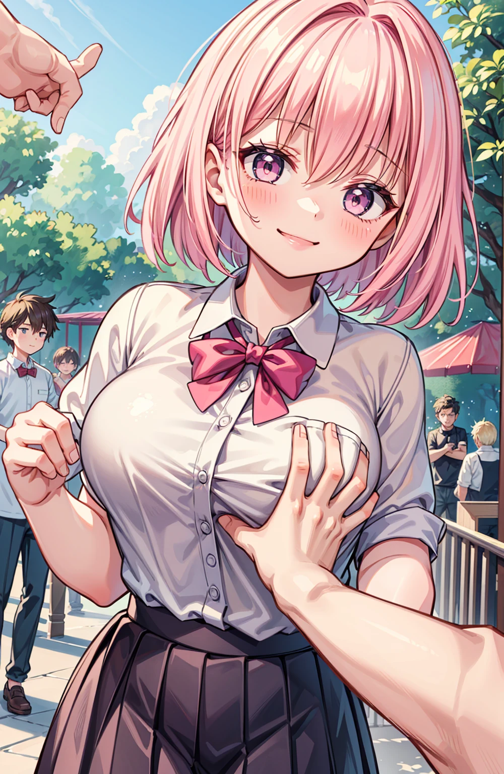 masterpiece, Highest quality, High resolution,(throw_hand grabbing chest),,One girl, One boy,Age difference,bow tie,Blonde,chest,Long Hair,Pink Hair,pleated skirt,Tucked in shirt,short hair,skirt,smile,Tent shirt,amusement_garden,breasts grab