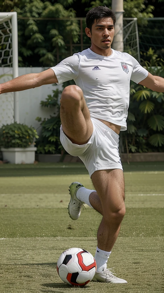 guy, soccer player, 25 years old, Peruvian nationality, full-length, in motion, kicking a soccer ball with one foot, arms out to the sides, wearing a white T-shirt and white shorts, excellent quality, excellent quality, athletic body , high detail, side view