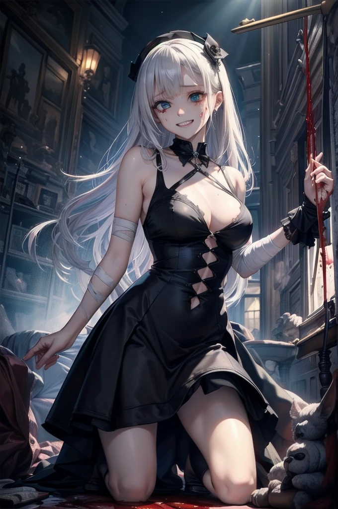 死んだ腐ったBloodに飢えた邪悪なzombie, Girl Venom, 黒い共bornborn物が付着している, Bloodまみれの, Evil look, Psychopathic, Torn clothes, Torn costume, sexy, reveal, Combat Stance, Very detailed, Vibrant appearance, Creative Action, Very detailed, Imaginative, Sensual, Voluntary, Small breasts, sexy, reveal, Highest quality, skinの質感, Intricate details, (Highest quality, masterpiece, 超High resolution), (8k wallpaper, High resolution, High resolution, born), (credibility: 1.4), (whole bodyショット), One girl, ((Anime Girls)),,(Bloodしぶき:1.6), ((Fantasy Witch Costume)), ((Flowing white hair)), ,(Bloodしぶき:1.6),Female curves, Large Breasts, Thick thighs, sexyな平らなお腹, 完璧なhand, 完璧なアニメのface, ((dark lolita dress)), Are standing, ((Wicked Smile)), ,(Bloodしぶき:1.6),In the Victorian city, gaslight, Steam circulates, Moonlight Illumination, night間照明, A sky filled with stars and galaxies,(Bloodしぶき:1.6),アニメzombie魔女デザイン, ねじれた笑face、Bloodまみれの、頭からの出Blood、Bloodしぶき、,(Bloodしぶき:1.6),Crossbones, skull, Streetwear Design, Provector, Horror Style, Full Design, Huge breasts, Very detailed, Realistic, Dark fantasy, Gloomy atmosphere, Intricate details, Crazy Smile, 狂ったeye, A cute and luxurious hair band,(masterpiece:1.2, Highest quality), Scary atmosphere、Distorted facial expressions、Horror Art、Bloodの雨、Bloodを流す、Bloodしぶき,(Bloodしぶき:1.6),悪魔のeye、greenいeye、scar、火scar、whole body、Torn hair of a woman dressed in slave clothing、（Long Hair）、（eyeにかかる長さの前髪）、Black Hair、（（（eyeの下のクマ）））、green白いskin、Feeling unwell、Pathological、邪悪な笑face、狂ったeye、（Grin）Dramatic makeup，Create mixed media art、,Horror 1 Girl, Open_mouth, , green_eye, Blood, Tilt_red_skin, Injury, Blood_in addition_face, Bandaged_arm, Blood_in addition_zombie, Blood_in addition_hand　, Open your eyelids wide, The trend is all, mouthを大きくOpen, mouthを開けてteethをむき出しにする,獣のような鋭いteeth, Wide lips, 非常に広いmouth, Vermilion cheeks, blonde, ,(Bloodしぶき:1.6),Princess Cut, Ribbon hair ornament, brooch, Otaku Room, Well-built body, Nice body, Ample breasts, Thick body,eyeを大きく開いて、Scary atmosphere、Distorted facial expressions、ねじれた笑face、Bloodまみれの、頭からの出Blood、Bloodしぶき、whole body、,(Bloodしぶき:1.6),Long Hair、Long bangs、Well-built,Broad shoulders,I focus,(face),Messy Hair,いeye,(光るeye),green信号,笑face,big 笑face,teeth,psycho 笑face,gesugao,Dark city background,darkness,night,(close),良いeye, 良いteeth,サディスティックな笑face,,all,光沢のあるskin,詳細なface,Beautiful body,　mouthからの白い息　Luxurious lace long gloves