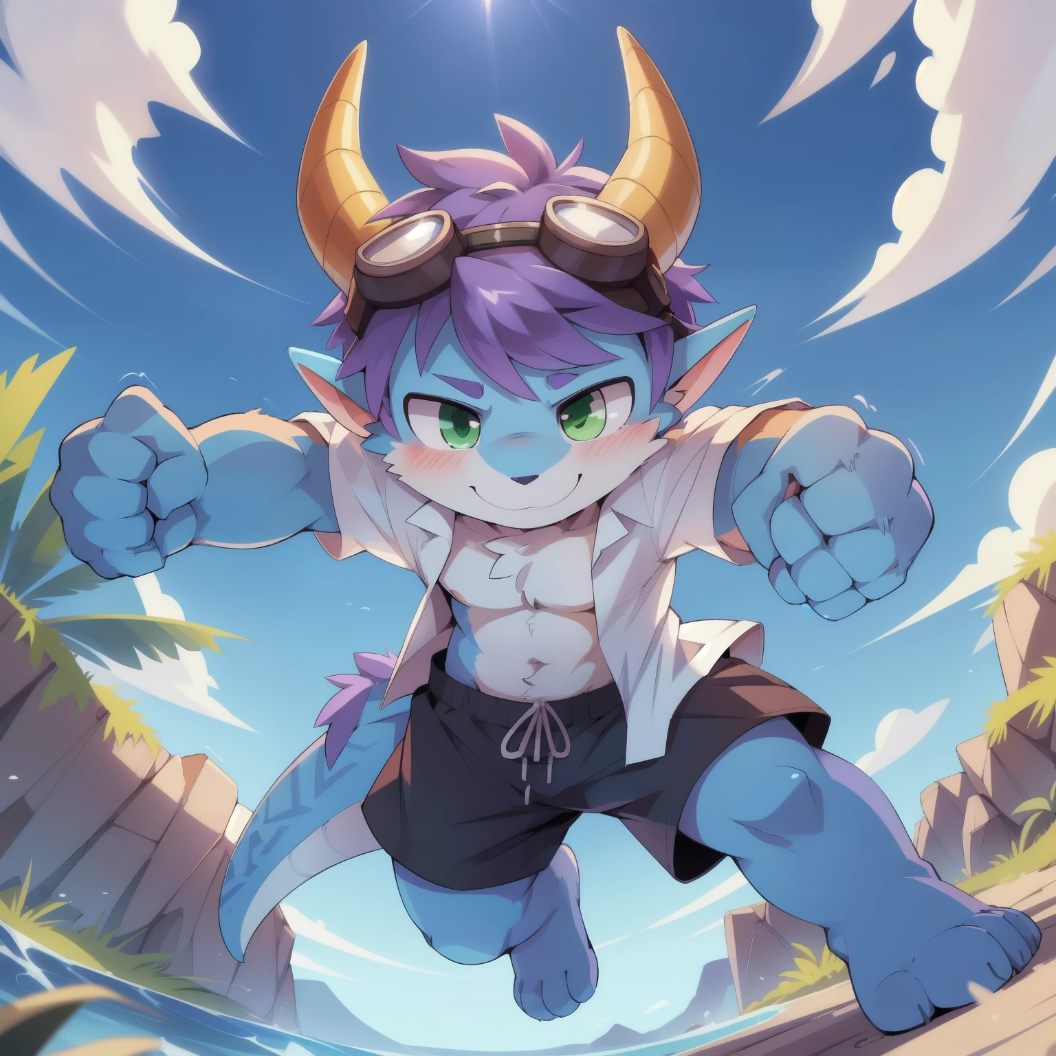 score_9,score_8_up,score_7_up, source_cartoon, source_furry, dragon boy, horns, green eyes, tail, purple hair, shota, furry, blush, dragon tail, looking at viewer, smile, dragon horns, pointy ears, short hair, furry male, (two tone body fur, blue body fur, white body fur), ((goggles, white hawaiian shirt, open clothes, black swim trunks)), clear sky, clouds, full body, feets with three toes, 3 toes, feet towards viewer, from above, dynamic action shot, motion blur, ((fight pose, fight stance, fist, punch, up legs)), 