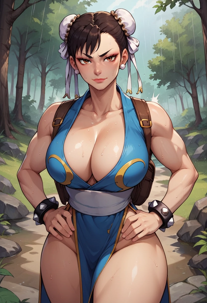 score_9, score_8_up, score_7_up, score_6_up, BREAK Chun-li, backpack, cleavage, big breasts, seductive smirk, hands holding own hips, sweating, wide hips, big ass, in a forest, raining, frontal shot