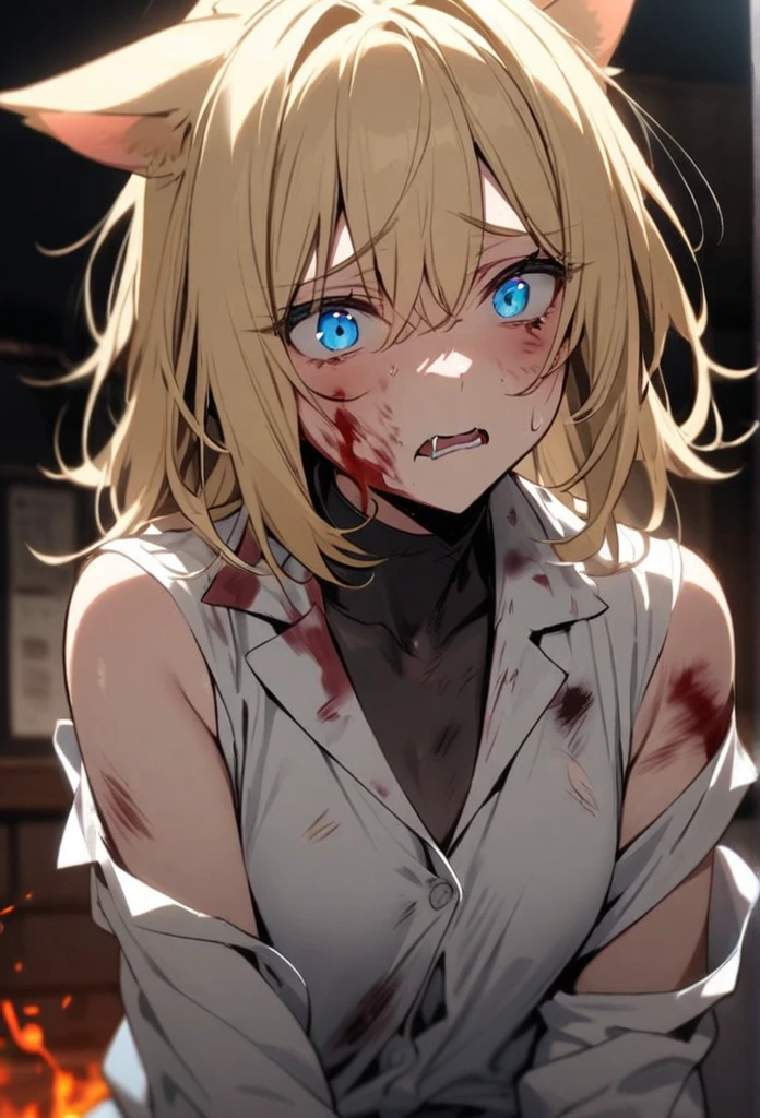 Girl, blond hair, blue eyes, blooding, injured, cat ears
