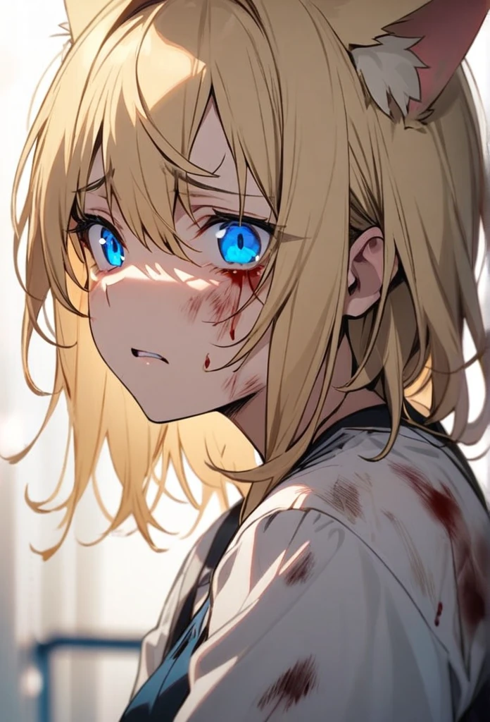 Girl, blond hair, blue eyes, blooding, injured, cat ears