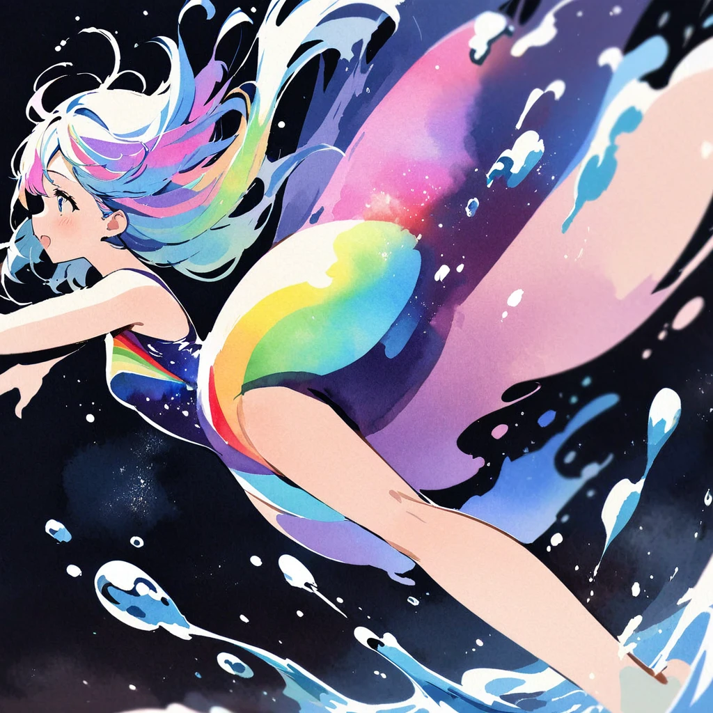 Top quality, masterpiece, watercolor style, swimming girl, rainbow colored hair, space style swimsuit, beautiful water splashes, outer space, beautiful galaxy, water drops,backstroke