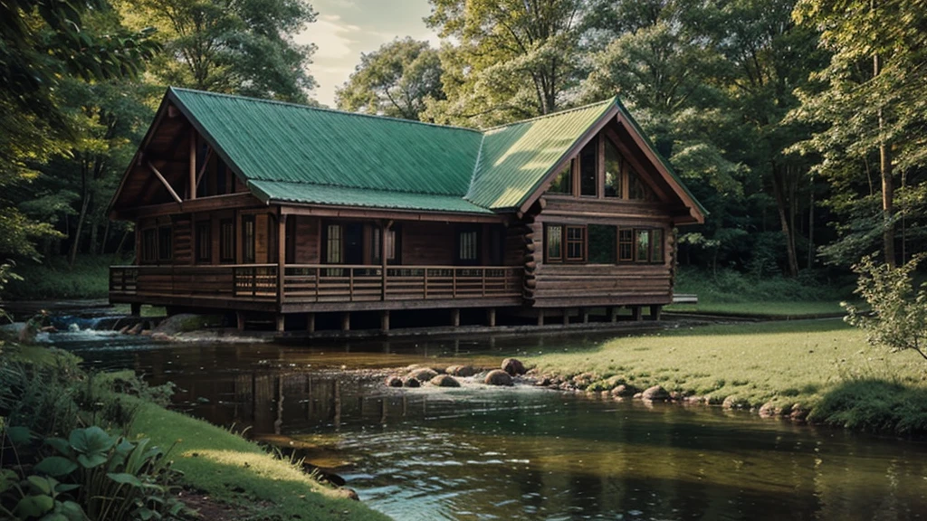 Realistic and vivid natural images. wooden house next to the stream. green color scheme