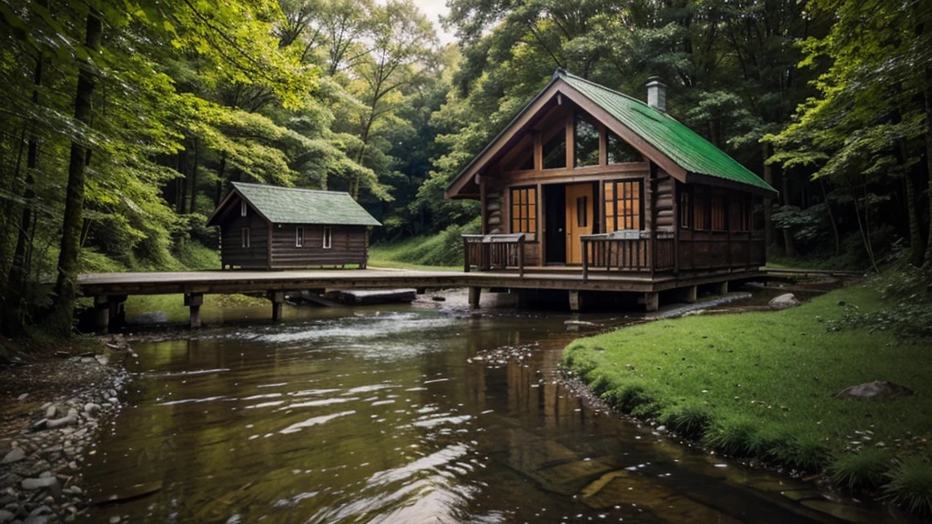 Realistic and vivid natural images. wooden house next to the stream. green color scheme