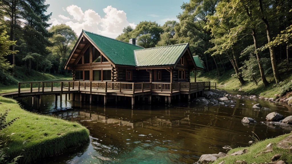 Realistic and vivid natural images. wooden house next to the stream. green color scheme