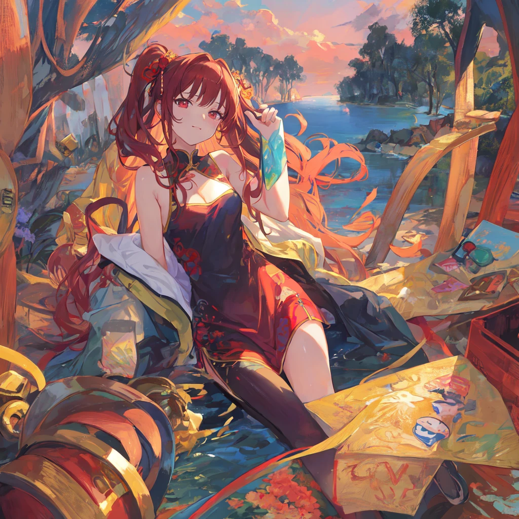(best quality), masterpiece, Extremely detailed CG8K painting, high color, Extremely high color saturation, All colors are deepened, central composition, Extremely detailed light and shadow, The face and eyes are very detailed, medium length hair, sportswear, colorful clouds,beautiful nature,landscape,cheongsam,Chinese hairstyle,red eyes,Medium breasts,Long legs are exposed,Show cleavage,Clothes with holes in the chest