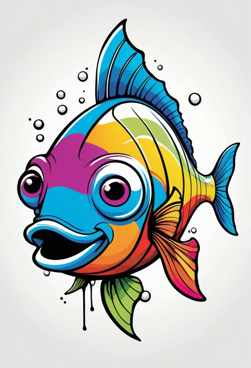 happy multicolored fish, Graffiti-Street Art style, outline, vector, white background
