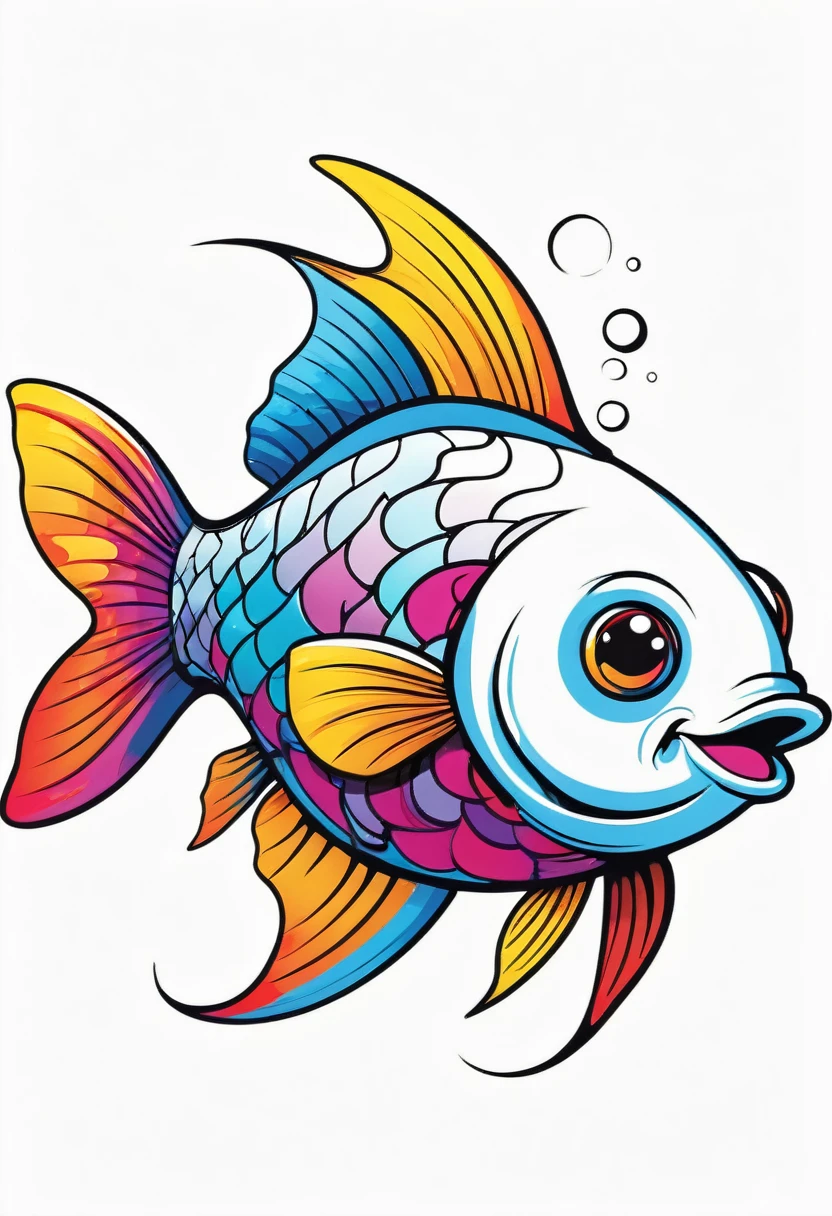 happy multicolored fish, Graffiti-Street Art style, outline, vector, white background