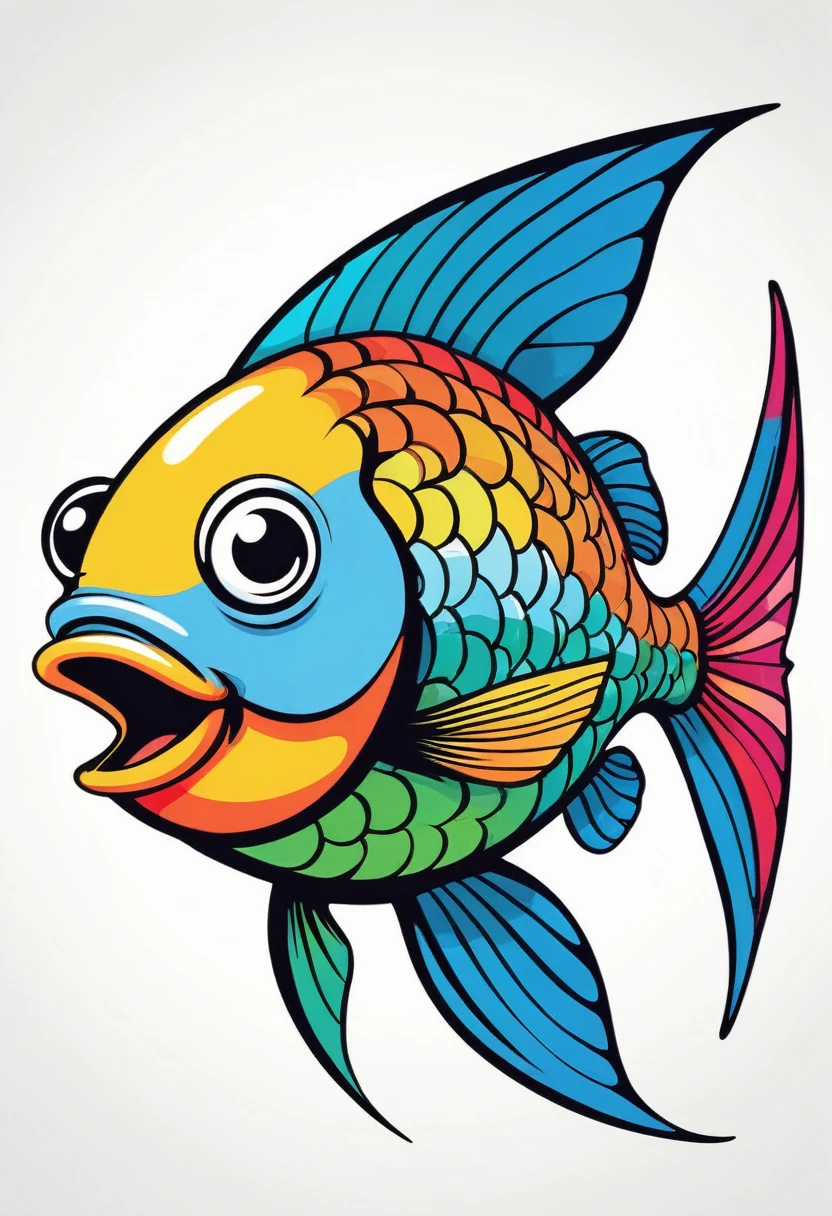 happy multicolored fish, Graffiti-Street Art style, outline, vector, white background