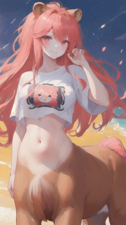 (best quality, masterpiece), 1 girl, centaur, It takes, White skin, Korean , ((23 years old)),black pink,Smiling, exposing the abdomen, belly button t-shirt , 아름다운 소녀 perfect lion photo, perfect lion photo