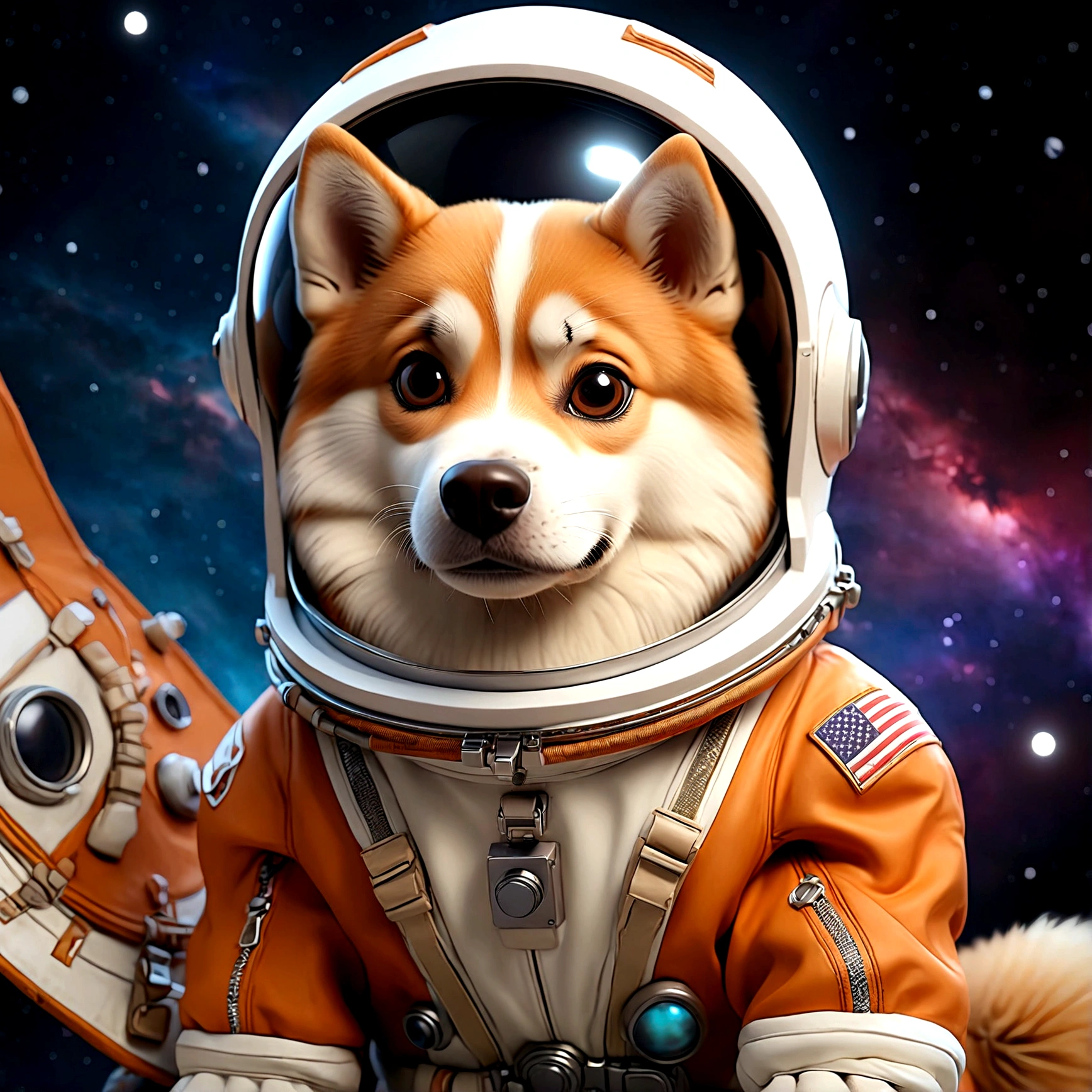8K photos , only realistic ,Realistic picture, siberian dog Dress up as an astronaut be an astronaut Space work place brown dog 