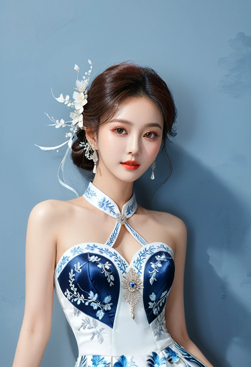 Realistic photo style, whole body 사진에 아름다운 아시아 소녀가 등장합니다., Wearing a unique ethnic style evening gown with delicate skin., bright and lively eyes, Thick eyelashes that look especially attractive. Long dresses are slim and elegant., Eye-catching silver jewelry and alcohol. The high-collar design adds an elegant atmosphere., Color of blue and white porcelain. using light and shadow, The vivid and harmonious appearance of the protagonist is highlighted... whole body, (masterpiece, best quality, professional, perfect composition, very aesthetic, absurd, very detailed, intricate details:1.3)