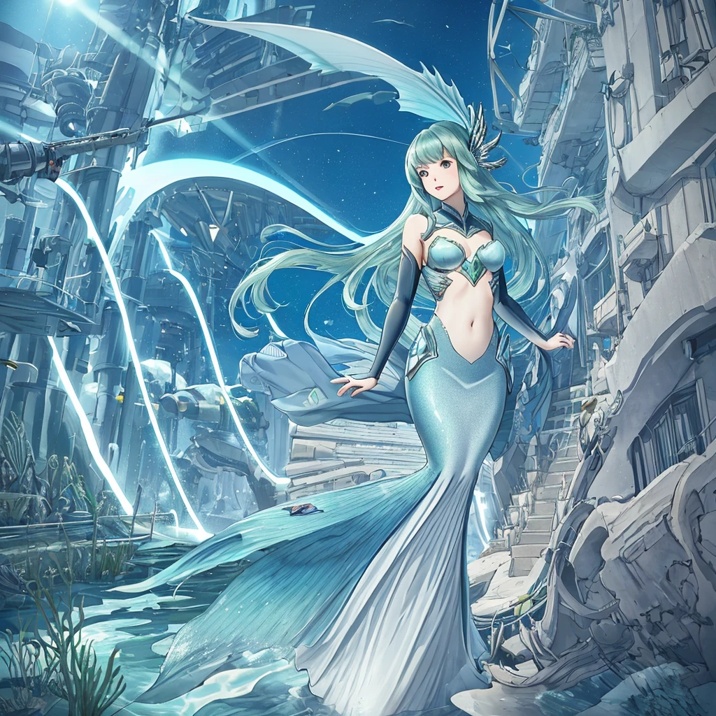 Mechanical realism of advanced latitude lifeforms, mermaid tail below waistline, full body,