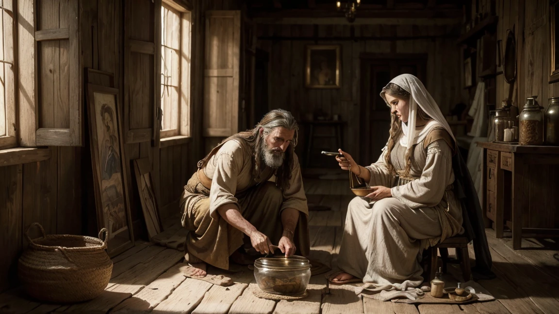 (The Oiled Widow and the Prophet Ezekiel), (ancient middle eastern village), (widow pouring oil from a jar as Ezekiel watches), (biblical narrative moment), (modest house with mud walls and simple furniture), (soft, natural light filtered through a window), (inspirada por Rembrandt), (realisitic), (digitalpainting), (historical scene), (earthy tones with golden and brown highlights), (high resolution, ultra detali), (masterpiece quality)