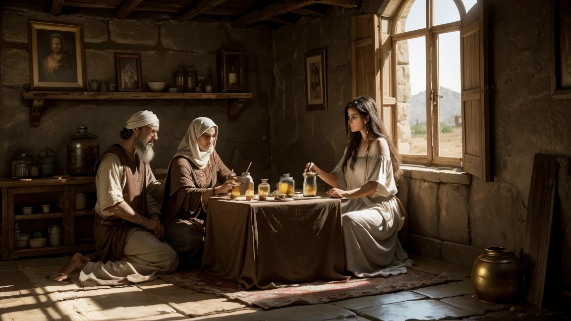 (The Oiled Widow and the Prophet Ezekiel), (ancient middle eastern village), (widow pouring oil from a jar as Ezekiel watches), (biblical narrative moment), (modest house with mud walls and simple furniture), (soft, natural light filtered through a window), (inspirada por Rembrandt), (realisitic), (digitalpainting), (historical scene), (earthy tones with golden and brown highlights), (high resolution, ultra detali), (masterpiece quality)